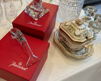 Bacharach Glass figurines, Tiffany sauce, tureen, and Waterford biscotti jar