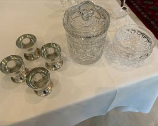 Art Deco candleholders with Sterling base, Waterford, biscotti jar, and Waterford relish dish