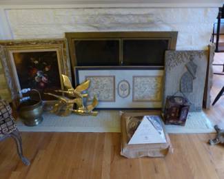Bergere chair, bric-a-brac, framed pictures