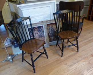 Pair of vintage Hitchcock chairs, pair of framed needlepoint pictures