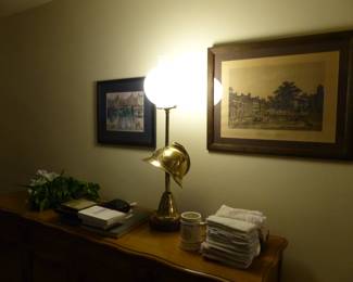 Brass lamp, framed pictures