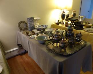 Silverplate tea set, antique bric-a-brac