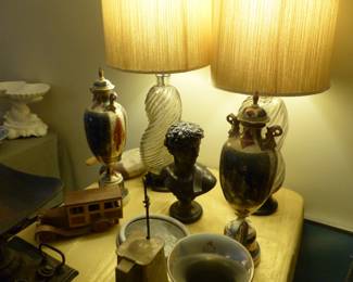 Pair of mid-century glass lamps, antique bric-a-brac & scale