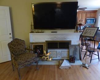 Bergere chair, bric-a-brac, framed pictures