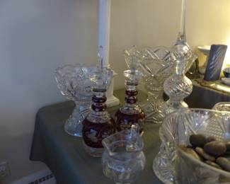 Antique cut glass, pair of antique ruby red decanters single marble lamp