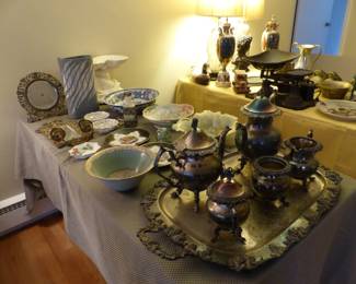 Silverplate tea set, antique bric-a-brac