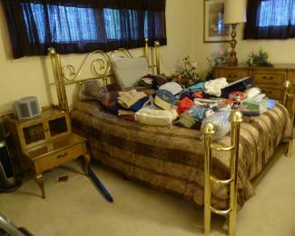 Brass bed with mattress & boxspring, vintage dress & night tables