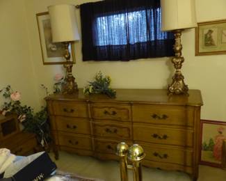 Brass bed with mattress & boxspring, vintage dress & night tables, pair of lamps, framed pictures