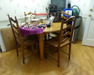 Kitchen table with 4 ladderback rush seat chairs, kitchenware