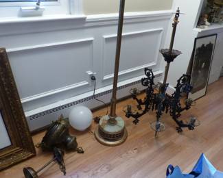 Antique floor lamp base, wrought iron chandelier with glass globes