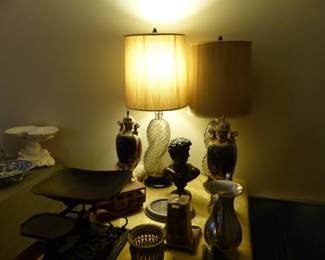 Pair of mid-century glass lamps, antique bric-a-brac & scale