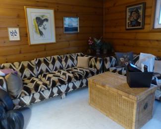 Vintage sofa & loveseat, wicker trunk, framed pictures