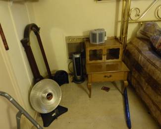 Brass bed with mattress & boxspring, vintage dress & night tables