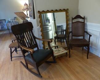 Antique chairs, decorative mirror, foot stool