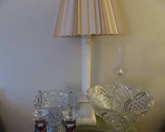 Antique cut glass, pair of antique ruby red decanters single marble lamp
