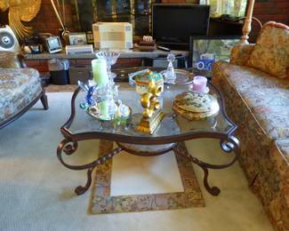 Sofa, coffee table pair of accent chairs, pair of floor lamps, area rug, bric-a-brac