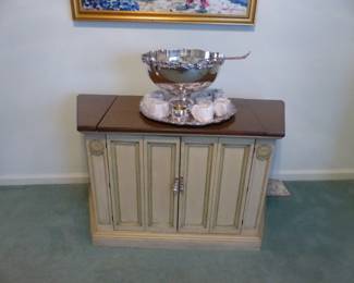 Buffet cabinet, silverplate punch bowl set