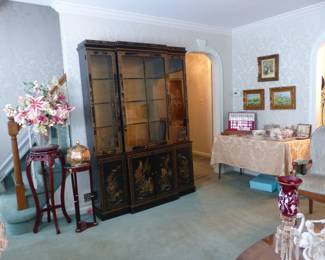 Asian design breakfront/china cabinet, pedestals with vases, silk flowers