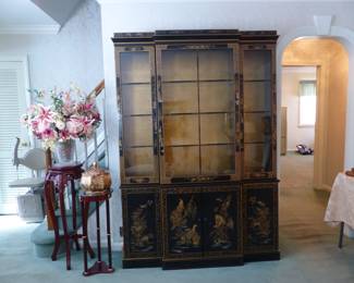 Asian design breakfront/china cabinet, pedestals with vases, silk flowers
