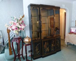 Asian design breakfront/china cabinet, pedestals with vases, silk flowers