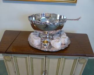 Buffet cabinet, silverplate punch bowl set