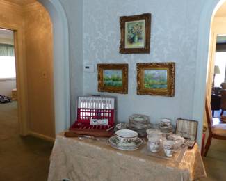 Sterling flatware set, Tiffany & Co dinnerware set, framed paintings signed by David Karp