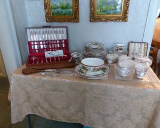 Sterling flatware set, Tiffany & Co dinnerware set, framed paintings signed by David Karp