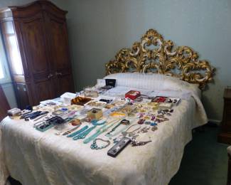 Ornate Karges headboard, costume jewelry