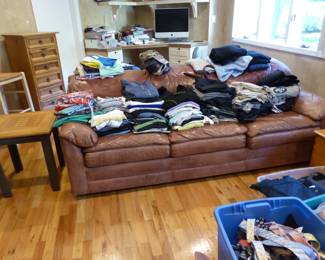 Leather sleep sofa, side table, men's clothing