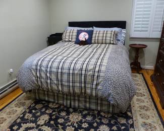 Mattress & box spring with headboard, side table & pedestal, bedding, area rug
