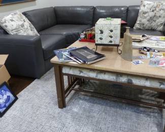 Chateau d'Ax Italian leather sectional sofa, coffee table with slide out benches