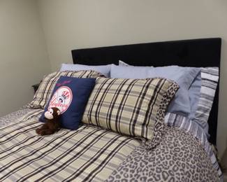 Mattress & box spring with headboard, bedding