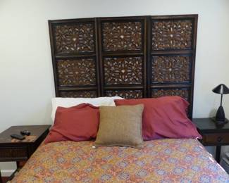 Mattress & boxspring, standing carved screen, night tables