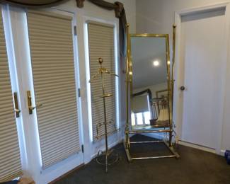Free standing brass mirror, brass valet stand