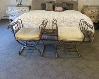 King size upholstered bed with box spring/mattress, bedding & accent pillows, pair of marble top Bombay chests, pair of iron benches