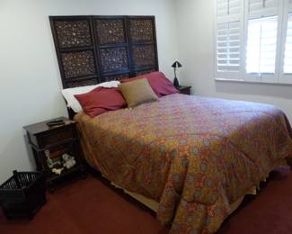 Mattress & boxspring, standing carved screen, night tables