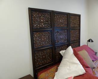 Mattress & boxspring, standing carved screen, night tables