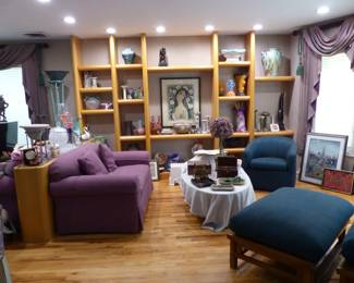 Sofas, chairs, bric-a-brac, framed pictures & posters