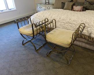 King size upholstered bed with box spring/mattress, bedding & accent pillows, pair of marble top Bombay chests, pair of iron benches