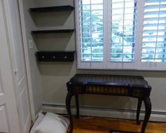 Writing desk, wall shelves