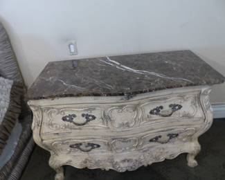 King size upholstered bed with box spring/mattress, bedding & accent pillows, pair of marble top Bombay chests, pair of iron benches