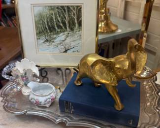 Brass elephant figurine, sweet small acrylic and oil framed art, pretty silver tray