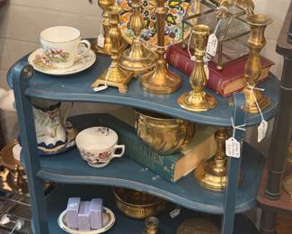 Gorgeous brass candlesticks, vintage shelf and mroe