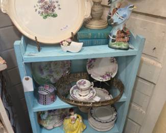 Vintage serving plates, cups, saucers, figurines