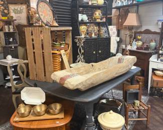 wood tables, vintage child's chair, metal decor, wooden boat decor