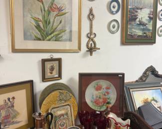 Framed art, bowls, hanging plates, sconces
