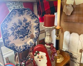 Beautiful blue and white plate, wooden candlestick, Christmas vibes, lamps
