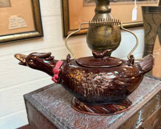 Vintage Japanese redware tea pot, 1950s shaped like a duck or goose 