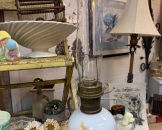 Vintage Aladdin oil lamp, model #23, creamer, lamps, decorative plates, bowl