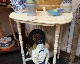 Antique square solid wood table white with spindle legs, pottery pitcher, antique doll, planter